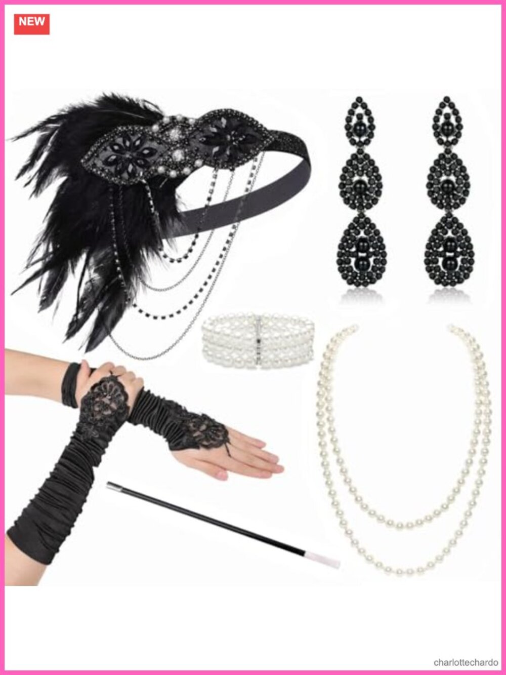1920s Flapper Costume Accessory Set Headband Necklace Gloves Earrings